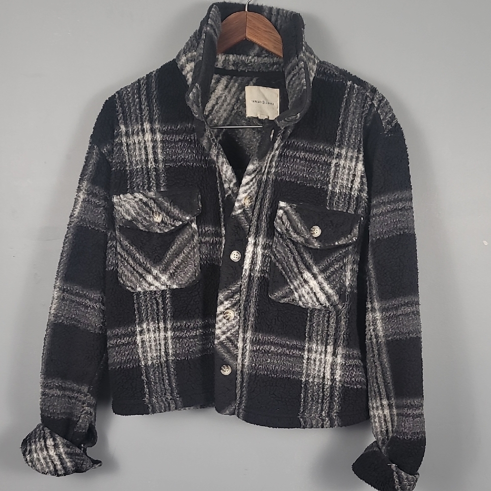 Thread & Supply Plaid Fleece Cropped Fuzzy Black Gray Jacket